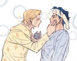  2boys blonde_hair blue_eyes blue_hair blue_shirt blush cinnamoroll from_side fuwa_fuwa_cinnamoroll hair_ornament hairband hairclip hand_on_another&#039;s_face hashtag-only_commentary highres holding holding_jar hooded_shirt jar long_sleeves lotion male_focus multiple_boys noah_(plave) pajamas pixels_(penelopejo18155) plave print_shirt profile sanrio shirt sparkle sparkling_aura upper_body yejun_(plave) yellow_shirt 