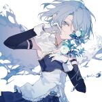  1girl armlet bare_shoulders black_sleeves blue_eyes blue_gemstone blue_hair blue_shirt blue_skirt camellia cape cats_are_liquid clothing_cutout collared_cape cowboy_shot detached_sleeves expressionless eyelashes floating_cape floating_hair flower frilled_shirt frills gem gloves hair_between_eyes hand_in_own_hair hand_on_own_chest highres holding holding_flower jewelry layla_836829767 long_sleeves looking_at_viewer magical_girl mahou_shoujo_madoka_magica mahou_shoujo_madoka_magica_(anime) miki_sayaka miniskirt parted_lips pleated_skirt shirt short_hair signature simple_background skirt solo stomach_cutout stomach_jewel two-tone_shirt water_drop white_background white_cape white_flower white_gloves white_shirt 