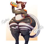 abstract_background absurd_res anthro beverage_can big_butt bottomwear brown_hair butt butt_expansion clothing cropped_hoodie domestic_cat drinking expansion eyes_closed felid feline felis fur grey_body grey_fur hair hi_res legwear male mammal onomatopoeia ripping shorts siamese solo sound_effects text thick_thighs thigh_expansion thigh_highs torn_clothing trinity-fate62 valery_funika 
