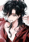  1boy absurdres arms_up black_hair blue_eyes chinese_commentary commentary_request curtained_hair especiala hair_between_eyes hair_over_one_eye hair_tie hair_tie_in_mouth hand_up heterochromia highres holding holding_own_hair identity_v low_neckline male_focus medium_hair mole mole_under_mouth mouth_hold red_shirt richard_sterling shirt short_sleeves simple_background smile solo upper_body white_background yellow_eyes 