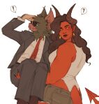  ! 1boy 1girl ? animal_ears bat_boy bat_ears biceps black_hair blue_pants blue_suit carrying carrying_person claws cntpdi colored_skin demon_girl demon_horns demon_tail dispatch fangs horns long_hair looking_at_viewer looking_to_the_side malevola_(dispatch) muscular muscular_female necktie pants red_necktie red_skin shirt sonar_(dispatch) speech_bubble spoken_exclamation_mark spoken_question_mark suit sunglasses tail tank_top wavy_hair white_shirt white_tank_top 