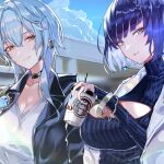  2girls bangs blue_hair blue_nails blue_sky blue_sweater blunt_bangs bob_cut breasts casual choker cleavage closed_mouth cloud coffee_cup cup diagonal_bangs disposable_cup drinking_straw earrings eula_(genshin_impact) genshin_impact green_eyes hair_between_eyes highres holding holding_cup jacket jacket_on_shoulders jewelry large_breasts medium_hair multicolored_hair multiple_girls outdoors ribbed_sweater sas_(ls08b) short_hair sky smile sweater turtleneck turtleneck_sweater vision_(genshin_impact) white_jacket yelan_(genshin_impact) yellow_eyes 
