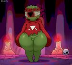 2025 6_horns anthro artist_name axoarts bagworm balls big_butt black_horn blind blindfold bone butt candle clothing cult_of_the_lamb digital_media_(artwork) disability fire flower flower_crown front_view fur genitals green_body green_fur hi_res horn leshy_(cult_of_the_lamb) male massive_monster_(studio) monster multi_horn multicolored_clothing multicolored_robe occult_symbol outside penis pentagram plant red_clothing red_robe robe skull small_balls small_penis solo standing symbol text thick_thighs topwear torn_clothing two_tone_clothing two_tone_robe white_clothing white_robe white_topwear