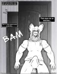  2017 anthro bandage bodily_fluids bottomwear clothed clothing comic door dragon drooling english_text erection erection_under_clothing hi_res if_hell_had_a_taste male monochrome muscular muscular_anthro muscular_male open_mouth pants saliva scales shirt skylar_fidchell solo sound_effects text topwear viroveteruscy wounded 