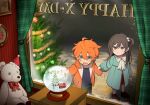  2boys aged_down akehoshi_subaru aqua_jacket bbahot black_hair blue_eyes bow christmas_tree commentary curtains ensemble_stars! grabbing_another&#039;s_arm hair_between_eyes hair_ornament hat hidaka_hokuto jacket korean_commentary long_hair long_sleeves looking_inside male_focus multiple_boys one_side_up open_clothes open_jacket open_mouth orange_hair orange_jacket pom_pom_(clothes) pom_pom_hair_ornament santa_hat short_hair snow_globe stuffed_animal stuffed_toy teddy_bear white_bow 