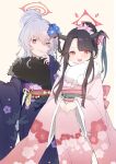  2girls black_hair black_kimono blue_archive closed_mouth demon_girl demon_horns floral_print floral_print_kimono flower fur-trimmed_kimono fur_trim fuuka_(blue_archive) fuuka_(new_year)_(blue_archive) grey_hair hair_bun hair_flower hair_on_horn hair_ornament halo haruna_(blue_archive) haruna_(new_year)_(blue_archive) highres horns japanese_clothes kimono long_sleeves looking_at_viewer multiple_girls open_mouth pink_eyes pink_kimono print_kimono red_eyes red_halo simple_background smile toku_(toku_9730) white_background wide_sleeves 