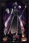  1boy absurdres bare_tree bat_(animal) belt black_belt black_capelet black_coat black_hair capelet capitano_(genshin_impact) coat collared_coat commentary_request full_body full_moon genshin_impact halloween halloween_costume happy_halloween helmet highres holding holding_skull holding_weapon hood hood_up hooded_capelet inset_border jack-o&#039;-lantern long_hair male_focus moon outdoors scythe silk skull solo spider_web standing tombstone tree uouzzz weapon 