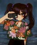  1girl alternate_costume animal_print black_skirt blush buttons cellphone collared_shirt commentary_request contemporary fish_print floral_print green_shirt hawaiian_shirt hell0120 highres himekaidou_hatate holding holding_phone long_hair looking_at_viewer one_eye_covered phone pointy_ears purple_eyes purple_hair satellite_phone shirt shirt_tucked_in short_sleeves skirt smile solo touhou twintails upper_body 