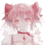  1girl bow bow_choker center_frills chest_jewel chinese_commentary choker closed_mouth collarbone commentary_request dress eyes_visible_through_hair floral_background frilled_dress frills gem hair_between_eyes hair_bow happy highres kaname_madoka layla_836829767 magical_girl mahou_shoujo_madoka_magica mahou_shoujo_madoka_magica_(anime) pink_eyes pink_gemstone pink_hair puffy_short_sleeves puffy_sleeves red_bow red_choker short_hair short_sleeves short_twintails smile solo square_neckline twintails upper_body white_background white_sleeves yellow_dress 