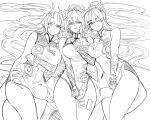 3girls :q alternate_breast_size arknights arm_tattoo bead_bracelet beads bracelet breasts covering covering_crotch dragon_horns dragon_tail dress dusk_(arknights) fkskii65 greyscale hands_on_hips hands_on_own_chest highres horns jewelry large_breasts leg_tattoo licking_lips lineart ling_(arknights) long_hair looking_at_viewer lying monochrome multiple_girls neck_ribbon nian_(arknights) nian_(unfettered_freedom)_(arknights) official_alternate_costume on_back on_bed one_eye_closed pointy_ears ribbon simple_background sleeveless sleeveless_dress split_mouth tail tattoo tongue tongue_out very_long_hair wavy_hair white_background 