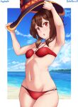  1girl armpits beach bikini breasts brown_hair cloud commentary cowboy_shot english_commentary hat holding holding_unworn_clothes holding_unworn_hat kono_subarashii_sekai_ni_shukufuku_wo! megumin navel o-ring o-ring_bikini o-ring_top ocean red_eyes shigokin_(baller4jesus27) short_hair signature small_breasts solo swimsuit thighs tree unworn_hat unworn_headwear witch_hat 