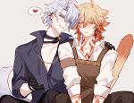  2boys animal_ears antenna_hair arm_tattoo black_choker black_gloves black_shirt blonde_hair blue_eyes blush braid cat_boy cat_ears cat_tail chest_tattoo choker dog_boy dog_ears dog_tail earclip facial_tattoo gloves gradient_hair hand_on_another&#039;s_shoulder heart highres honkai:_star_rail honkai_(series) male_focus medium_hair mors1018 multicolored_hair multiple_boys mydei_(delicacies)_(honkai:_star_rail) mydei_(honkai:_star_rail) official_alternate_costume parted_bangs pectoral_cleavage pectorals phainon_(fashion)_(honkai:_star_rail) phainon_(honkai:_star_rail) ponytail red_hair red_tattoo shirt short_hair side_braid spoken_heart tail tattoo white_hair yaoi yellow_eyes 