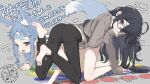  2girls all_fours animal_ears ass black_hair blue_hair borrowed_character cold_pack feet fox_ears fox_girl fox_tail glasses godly_artist_introvert-chan green_eyes grey_background highres koyansuee-chan multiple_girls original simple_background tail twister yoru_uyo 