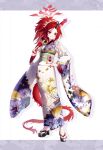  1girl black_sandals blue_archive clenched_teeth dragon_girl dragon_tail floral_print floral_print_kimono full_body halo. hand_on_own_hip horns japanese_clothes kimono long_hair long_sleeves official_art okobo platform_sandals ponytail print_kimono red_hair renge_(blue_archive) riichu sandals simple_background single_horn smile socks solo standing tabi tail teeth white_kimono white_socks wide_sleeves 