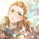  1girl aijirousa aloy_(horizon) artist_name braid brown_hair green_eyes hand_up horizon_forbidden_west long_hair looking_at_viewer snowflakes solo upper_body 