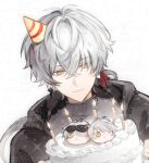  1boy artist_request birthday_cake black_jacket cake candle chinese_commentary commentary_request commission crossed_bangs dual_persona earrings food grey_shirt hair_between_eyes hair_over_one_eye hat highres holding holding_cake holding_food jacket jewelry long_hair male_focus mole mole_under_mouth party_hat ponytail portrait punishing:_gray_raven second-party_source shirt solo turtleneck wanshi:_hypnos_(pgr) wanshi:_lucid_dreamer_(pgr) wanshi_(pgr) white_background white_hair yellow_eyes 