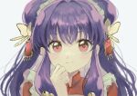  1girl blush butterfly_hair_ornament chinese_clothes closed_mouth double_bun hair_bun hair_ornament heart heart-shaped_pupils highres kumagai_yuka purple_hair ranma_1/2 red_eyes shampoo_(ranma_1/2) simple_background solo symbol-shaped_pupils white_background 