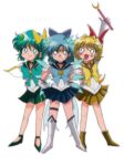  1980s_(style) 3girls absurdres ascot bishoujo_senshi_sailor_moon blonde_hair blue_bow blue_choker blue_eyes blue_hair blue_ribbon blue_sailor_collar blush boots bow choker cirno commentary_request cosplay daiyousei detached_wings ear_piercing fairy fairy_wings fang faux_retro_artstyle green_choker green_eyes green_hair green_sailor_collar green_skirt grin hair_bow hair_ribbon highres ice ice_wings magical_girl miwijag1997 multiple_girls open_mouth piercing red_ribbon retro_artstyle ribbon rumia sailor_collar sailor_moon sailor_moon_(cosplay) sailor_senshi_uniform short_hair side_ponytail simple_background skirt smile touhou white_background wings yellow_ascot yellow_bow yellow_choker yellow_eyes yellow_ribbon yellow_sailor_collar yellow_skirt 