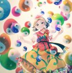  1girl blonde_hair brown_eyes closed_mouth commentary_request cowboy_shot earrings hands_up headpiece highres itomugi-kun jewelry magatama medium_hair orb rainbow_gradient red_shirt shirt short_sleeves simple_background skirt smile solo tamatsukuri_misumaru touhou white_background yellow_skirt yin_yang yin_yang_orb 