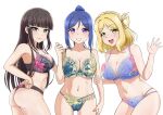  3girls :d ass black_bra black_hair black_panties blonde_hair blue_bra blue_hair blue_panties bra breasts cleavage collarbone embroidered_bra embroidered_panties floral_print kurosawa_dia looking_at_viewer love_live! love_live!_sunshine!! matsuura_kanan multiple_girls navel non-web_source ohara_mari panties purple_bra purple_panties shooter_(l.i.r) skindentation smile underwear underwear_only 