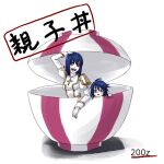  1boy 1girl alternate_color assassin_(ragnarok_online) blue_hair blush bowl cross cross_necklace dress high_priest_(ragnarok_online) in_bowl in_container jewelry long_hair looking_at_viewer necklace open_mouth purple_eyes ragnarok_online simple_background smile toriria translation_request upper_body white_background white_dress 