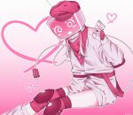  1girl bandana beret cable cable_tail crt forsaken_(roblox) gradient_background hat heart heart_tail highres holding holding_letter jatoeseo_11 knee_pads leg_warmers letter mechanical_tail object_head open_mouth pink_background pink_bandana pink_hat roblox smile solo sweater tail television veeronica_(forsaken) white_leg_warmers white_sweater 