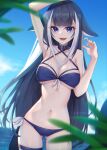  1girl :d animal_ear_fluff arm_up armpits ass_visible_through_thighs bangs bare_shoulders bikini black_hair blue_bikini blue_sky blunt_bangs blush breasts buckle cleavage collar collarbone cowboy_shot day facial_mark fang grey_hair highres horizon indie_virtual_youtuber large_breasts long_hair looking_at_viewer multicolored_hair navel nealayiskah ocean open_mouth purple_eyes shylily signature sky smile solo stomach streaked_hair swimsuit thigh_strap two-tone_hair underboob very_long_hair virtual_youtuber water 