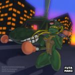 aircraft anthro bandana_on_head breasts exposed_breasts female futamaki genitals green_body green_skin helicopter hi_res jennika_(tmnt) kneeling reptile scalie sitting sitting_on_ground solo sunset teenage_mutant_ninja_turtles turtle turtlecopter vehicle vulva