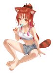  1girl absurdres animal_ear_fluff animal_ear_piercing animal_ears bare_shoulders barefoot bow breasts brown_bow bustier butterfly_sitting cleavage colored_inner_hair crop_top ear_piercing earrings eating extra_ears food food_in_mouth full_body grey_shorts hair_ornament heart heart_earrings highres holding holding_food holding_popsicle jewelry long_hair looking_at_viewer medium_breasts mole mole_on_stomach multicolored_hair nail_polish navel nijisanji orange_eyes orange_hair piercing pink_hair pink_nails ponytail popsicle popsicle_in_mouth ratna_petit red_hair red_panda_ears red_panda_girl red_panda_tail short_shorts shorts simple_background sitting solo stomach striped_tail tail toenail_polish toenails virtual_youtuber white_background white_bustier x_hair_ornament yasawa_kichi 