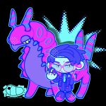  1boy antennae black_hair black_jacket black_pants bug centipede chibi closed_mouth collared_shirt colored_sclera corbeau_(pokemon) dusk_ball eyewear_strap glasses hand_in_pocket highres holding holding_poke_ball jacket long_sleeves looking_at_viewer mchi_38 necktie open_clothes open_jacket pants poke_ball pokemon pokemon_(creature) pokemon_legends:_z-a purple_hair purple_shirt round_eyewear scolipede shirt short_hair white_necktie yellow_eyes yellow_sclera 