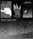  2017 anthro bandage comic demonic door door_handle dragon english_text flower furniture hi_res if_hell_had_a_taste male mirror monochrome plant scales skylar_fidchell solo table text vase viroveteruscy wounded 