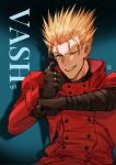  1boy blonde_hair blue_eyes character_name coat earrings finger_gun highres jewelry mole mole_under_eye one_eye_closed prosthesis prosthetic_arm red_coat single_earring soraiven spiked_hair trigun undercut vash_the_stampede 