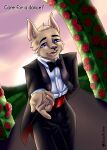  absurd_res anthro arch black_tie_(suit) blue_eyes bow_tie canid canine canis clothed clothing dialogue dragon english_text flower fur hi_res hybrid jack_(jackwolf) lanathesheep male mammal offering_hand outside plant rose_(flower) solo suit sunset tan_body tan_fur text wolf 