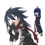  1boy 1girl animal_on_head assassin_cross_(ragnarok_online) baby_animal bird bird_on_head black_shirt blue_dress blue_hair brown_thighhighs chick commentary_request cross cross_necklace dress eating_clothes eremes_guile full_body gag_manga_biyori grey_shoes jewelry juliet_sleeves long_hair long_sleeves masuda_kousuke_(style) necklace on_head open_mouth priest_(ragnarok_online) puffy_sleeves purple_eyes ragnarok_online red_scarf scarf shirt shoes simple_background solid_circle_eyes standing thighhighs toriria unworn_thighhighs upper_body white_background 