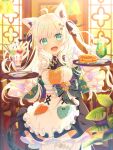  1girl ahoge animal_ear_fluff animal_ears apron aqua_eyes black_ribbon blonde_hair blurry blurry_foreground bow colored_skin commentary_request cowboy_shot dress dress_bow food fork frilled_apron frilled_dress frills fruit glass hair_ribbon heart highres holding holding_tray hololive ice_cream indoors koa_soragasuki layered_dress long_hair long_sleeves looking_at_viewer multicolored_skin open_mouth pancake pancake_stack parfait plate ribbon shirakami_fubuki smile solo spoon standing straight-on strawberry strawberry_parfait swept_bangs tray two-tone_skin two_side_up virtual_youtuber waist_apron white_apron wide_sleeves window 