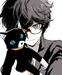  1boy absurdres ako_(eanaaati1) amamiya_ren animal black-framed_eyewear black_hair black_jacket blazer blue_eyes cat chinese_commentary closed_mouth commentary_request glasses grey_eyes highres holding holding_animal holding_cat jacket looking_at_viewer male_focus morgana_(cat)_(persona_5) morgana_(persona_5) one_eye_covered persona persona_5 portrait semi-rimless_eyewear short_hair simple_background smile under-rim_eyewear white_background 
