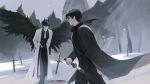  2boys arms_behind_back black_cape black_robe black_wings blood blood_splatter cape coat curtained_hair demon_horns emosunfish feathered_wings feet_out_of_frame forest highres horns kim_dokja looking_at_another male_focus multiple_boys nature necktie official_alternate_costume omniscient_reader&#039;s_viewpoint open_clothes open_coat outdoors planted planted_sword popped_collar robe sheath snow snowing sword unsheathing walking weapon white_coat white_necktie wings yoo_joonghyuk 