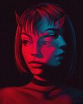  1girl angel_ganev antenna_hair artist_name black_background bob_cut choker collarbone commentary demon_girl demon_horns english_commentary film_grain highres horns lips looking_to_the_side nude original portrait realistic short_hair simple_background solo thick_eyelashes 