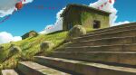  absurdres blue_sky building cloud cumulonimbus_cloud day doorway grass highres hill landscape lantern moss no_humans original outdoors paper_lantern plant rock scenery sky stairs truong_truonkoi vines 