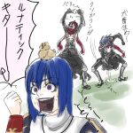  1girl 2boys animal_on_head armored_boots assassin_cross_(ragnarok_online) baby_animal bird bird_on_head black_cape black_pants black_shirt blue_hair boots cape chick commentary_request full_body long_hair multiple_boys on_head open_mouth pants priest_(ragnarok_online) purple_eyes ragnarok_online red_hair red_scarf scarf shirt short_hair shouting smile throwing toriria translation_request upper_body waist_cape white_background 