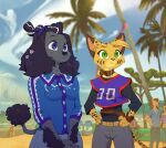 accessory anthro arm_tuft beach belt black_body black_fur black_hair bottomwear bracelet canid canine clothing collar collared_shirt denim denim_bottomwear denim_clothing detailed_background digital_drawing_(artwork) digital_media_(artwork) dress_shirt duo felid feline female fur green_eyes hair hair_accessory hand_on_hip head_tuft highlights_(coloring) jeans jersey jewelry lini_(ruffu) long_sleeve_shirt long_sleeves long_tail looking_away mammal markings pants pepper_(ruffu) pointy_ears purple_eyes ruffu shirt snout spots spotted_body spotted_fur striped_markings stripes tail tail_tuft topwear tuft white_highlights yellow_body yellow_fur