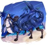  1girl absurdres arknights beach belt black_pantyhose breasts centaur centauroid flippers grey_hair highres jewelry long_hair long_sleeves looking_at_viewer mermaid midriff monster_girl navel neoz_(jjfk8828) night night_sky nun outdoors palm_tree pantyhose puffy_sleeves red_eyes sky smile specter_(arknights) tail taur tree umitsuki water wavy_hair wings 