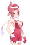  1girl :&lt; alternate_costume backless_dress backless_outfit bare_arms bare_shoulders blush breasts commentary_request covered_navel covered_nipples cowboy_shot dress frown fur-trimmed_dress fur-trimmed_gloves fur_trim gloves hat highres kemurikusa large_breasts looking_at_viewer nose_blush ponytail red_eyes red_gloves red_hair reisen_balrog rin_(kemurikusa) santa_costume santa_dress santa_hat scarf short_dress simple_background solo white_background white_scarf 