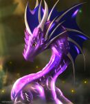  2022 amber_eyes blurred_background digital_media_(artwork) dragon female feral hi_res horn purple_body purple_scales scales smile solo spines telleryspyro 