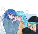  ! 2girls between_legs black_pants blue_eyes blue_hair blush closed_mouth commentary_request ear_blush eye_contact grey_sweater hands_on_another&#039;s_face highres hinomori_shizuku kiritani_haruka long_hair looking_at_another multiple_girls na05070515 open_mouth orange_shirt pants project_sekai shirt short_hair spoken_exclamation_mark sweat sweater yuri 