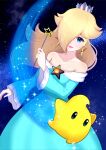  1girl :d absurdres bare_shoulders blonde_hair blue_dress blue_eyes brooch collarbone crown dress earrings eyelashes hair_over_one_eye highres holding holding_wand jewelry long_hair long_sleeves looking_at_viewer luma_(mario) mario_(series) off-shoulder_dress off_shoulder open_mouth rosalina smile space star_(symbol) star_brooch star_earrings super_mario_galaxy wand wing223s 
