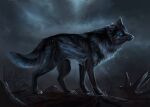  2022 ambiguous_gender black_body black_fur blue_eyes canid canine canis claws detailed_background digital_media_(artwork) feral fur mammal muns11 night outside paws solo wolf 