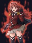  1girl ass_visible_through_thighs aura black_gloves black_hairband black_thighhighs cowboy_shot empty_eyes epaulettes floating_hair gloves grey_skirt hairband holding holding_sword holding_weapon idol_heroes_(idolmaster) idolmaster idolmaster_million_live! jacket lielos long_hair looking_at_viewer open_mouth panties pleated_skirt print_gloves red_aura red_eyes red_hair red_jacket skirt solo standing sword tanaka_kotoha thighhighs underwear weapon white_panties 