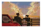  2boys ant_tenna black_hair black_jacket black_pants blackmaro1 car deltarune golden_hour hair_slicked_back highres jacket looking_at_another motor_vehicle multiple_boys outdoors pants spamton_g._spamton sunset utdr_(toby_fox) 
