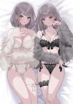  2girls absurdres bad_id bad_pixiv_id bare_legs bed_sheet black_bra black_panties black_vs_white blush bra breasts brown_hair cleavage closed_mouth collarbone commentary cover cover_page cowboy_shot doujin_cover earrings english_text eyelashes floral_print from_above fur_jacket hand_on_own_chest heart heart_print highres jacket jewelry lace-trimmed_bra lace-trimmed_panties lace_trim lingerie lips looking_at_viewer lying medium_breasts medium_hair multiple_girls non-web_source off_shoulder on_back open_clothes open_jacket original panties purple_eyes short_hair side-tie_panties smile sutochan thigh_gap thighs underwear underwear_only white_bra white_panties 